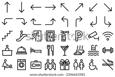 Hotel way finding line icon set. Reception desk, bell, restaurant, bar, cafe, swimming pool, gym, spa, laundry, luggage storage, wi-fi, meeting room outline symbols. Editable stroke. Vector graphics