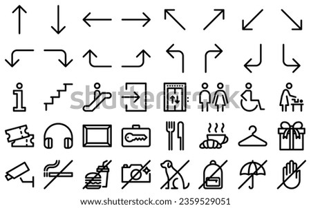 Museum way finding line icon set. Ticket office, audio guide, art gallery, gift shop outline symbols. Prohibition pictograms in linear style. Editable stroke. Vector graphics