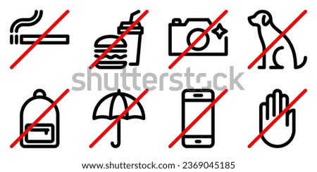 Set of prohibition line signs. No smoking, food and drinks, flash, animal, backpack, umbrella, phone outline icons isolated on white background. Do not touch symbol. Editable stroke. Vector graphics