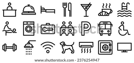 Hotel services line icon set. Reception desk, bell, restaurant, bar, cafe, swimming pool, gym, spa, laundry, luggage storage, wi-fi, meeting room outline pictograms. Editable stroke. Vector graphics