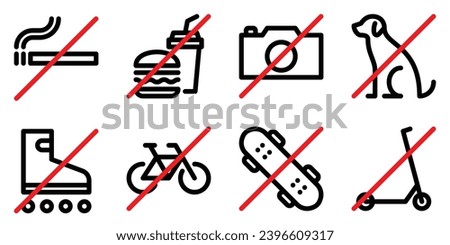 Set of prohibition line signs. No smoking, food and drinks, photo, dog, roller skates, bicycle, skateboard, kick scooter outline icons isolated on white background. Editable stroke. Vector graphics