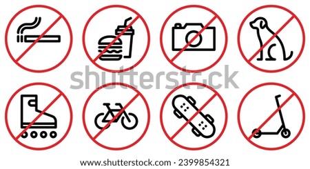 Set of prohibition line signs. No smoking, food and drinks, photo, dog, roller skates, bicycle, skateboard, kick scooter outline icons