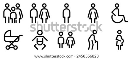 People line icon set. Family, couple, man, woman, wheelchair, stroller, baby, children, elderly person, pregnant outline signs. Editable stroke. Vector graphics