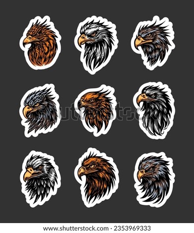 Eagle falcon hawk tattoo character. Sticker Bookmark. Bird head predator. Vector drawing. Collection of design elements.