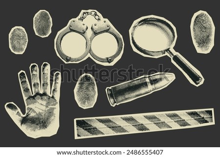 Vintage halftone of crime scene elements. Fingerprints, handcuffs, magnifying glass, bullet, handprint, and police tape. Modern Y2K mixed media. Ideal for detective, mystery, law enforcement themes.