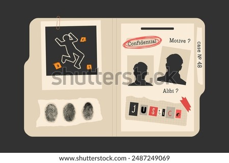 Vintage crime investigation file with halftone elements. Fingerprints, a crime scene photo, suspect silhouettes. Retro Y2K mixed media design. Perfect for mystery, detective, crime-themed projects. 