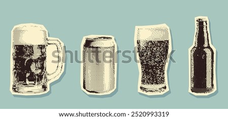 Retro halftone beer mug, can, glass, and bottle. Pop art set. Pixel, photocopy effect. Grunge bitmap texture. Perfect for Oktoberfest designs, pub advertisements, bar promotions and branding.