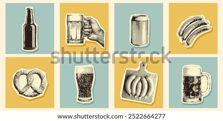 Retro halftone beer elements. Pop art set. Bottles, mugs, can, Bavarian pretzels and sausages. Pixel photocopy effect. Grunge bitmap texture. Perfect for Oktoberfest designs and beer events.