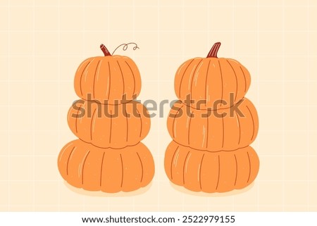 Two cute pumpkin stacks on a checkered background. Hand drawn doodle style. Autumn illustration perfect for Halloween, harvest, or Thanksgiving designs.