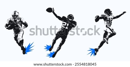 Dynamic American football players in motion. Brutal halftone effects and urban grunge texture. Perfect for sports designs and fan merchandise.