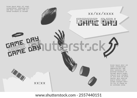 Abstract American football banner. Brutal halftone effects, modern typography and urban grunge texture. Surreal hand reaching for the ball. Ideal for sports events, promotions, mixed media designs.