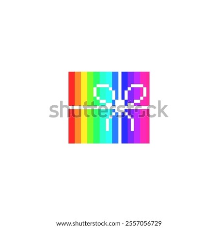 A vibrant, pixelated gift box adorned with a colorful rainbow ribbon against a clean white background. The box features a simple, rectangular design, while the ribbon adds a playful and festive touch.