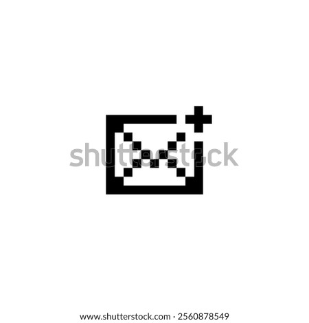 pixelated image of an envelope with a plus sign in the upper right corner. represent concepts like new message, create message, add contact, or compose email.