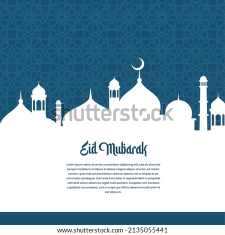 Illustration vector graphic card of eid mubarak white sillhouette mosque with islamic background pattern. Good to use for greeting card, social media content and other of ied mubarak content. Imagine de stoc © 