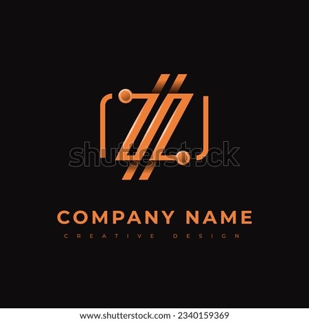 Modern Logo Fiber Optic Cable. Letter Z. Icon circuit board orange parallel line. Sign technology, engineering, network. Electronics, motherboard, processor, computer. Vector Design Template.