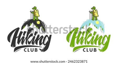 Hiking Club Logo. Backpacker on Mountain Peak. Adventure and Outdoor Emblem Design