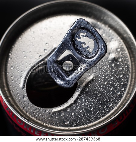 EINDHOVEN, THE NETHERLANDS - APRIL 30, 2015: Close-up of a Red Bull can. Red Bull is an energy drink sold by Austrian company Red Bull GmbH, and is the best selling energy drink in the world.