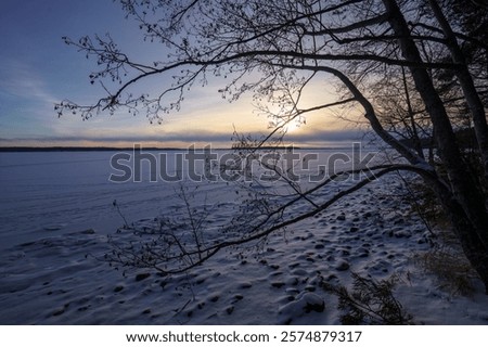 Similar – Image, Stock Photo Sunset over a frozen lake. Sunbeams falling on water. Shadows of trees on the ice covering the lake. Aerial view of a frozen lake. Ice sheet background. Frozen grass in water