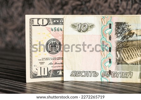 Comparison of dollar and ruble. Banknote of ten units. Foto stock © 