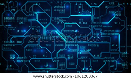 Abstract futuristic electronic circuit board with binary code, neural network and big data - an element of artificial intelligence, matrix background with digits, well organized layers