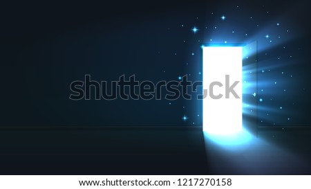 Light from the open door of a dark room, abstract mystical glowing exit, discovery, background, open door template, mock up