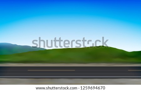 Side view of a road, roadside, green meadow in the hills and clear blue sky background, vector illustration