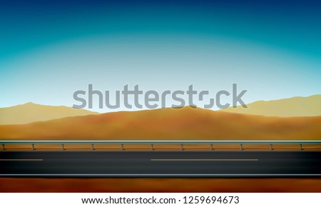 Side view of a road with a crash barrier, roadside, desert with sand dunes and clear blue sky background, vector illustration
