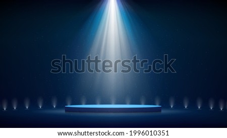 Spotlight backdrop. Illuminated blue stage podium. Background for displaying products. Bright beams of spotlights, shimmering glittering particles, a spot of light. Vector illustration