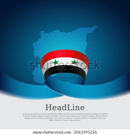 Syria flag, mosaic map on blue white background. Wavy ribbon with the syria flag. Vector banner design, national poster. Business booklet. State syrian patriotic flyer, brochure