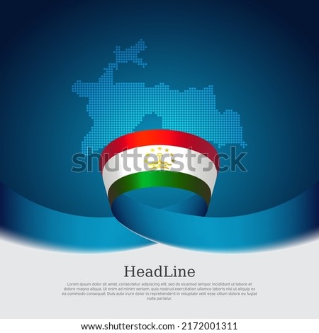 Tajikistan flag, mosaic map on blue white background. Cover for tajik business booklet. Wavy ribbon with the tajikistan flag. Vector banner design, national poster. State patriotic, flyer, brochure