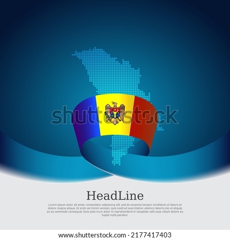 Moldova flag, mosaic map on blue white background. Wavy ribbon with the moldavian flag. Vector banner design, moldova national poster. Cover for business booklet. State patriotic, flyer, brochure