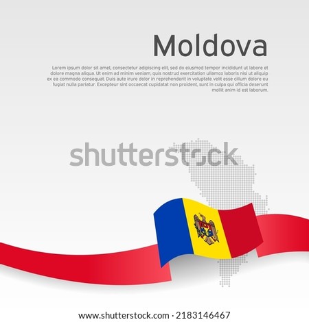 Moldova flag, mosaic map on white background. Wavy ribbon with the moldavian flag. Vector banner design, moldova national poster. Cover for business booklet. State patriotic, flyer, brochure