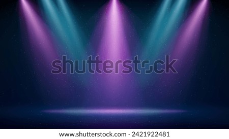 Pink blue purple spotlight backdrop. Illuminated blue pink stage. Background for displaying products. Bright beams of spotlights, shimmering glittering particles, a spot of light. Vector illustration