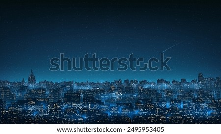 Cityscape, city buildings at night. City ​​skyline at nighttime. Night shining starry sky. Dark blue cityscape background with stars, nebula, meteor. Panoramic illustration, high resolution. Vector