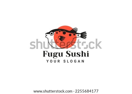 Puffer Fish Logo Japanese Food. Fugu Sushi Logo Template. Blowfish Logo Mascot Concept For Fresh Seafood Icon