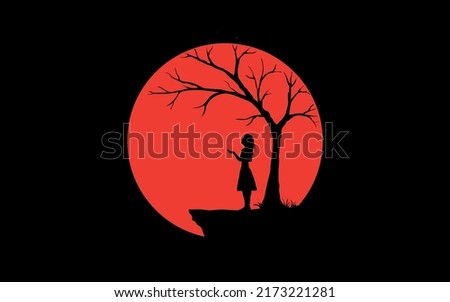 girl looking alone, sad alone, nature sunset background, eps 10 vector