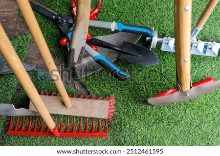 Similar – Image, Stock Photo Tools for gardening at home. Growing food on windowsill. Copyspace for text. Top view. Flatlay on pink background.