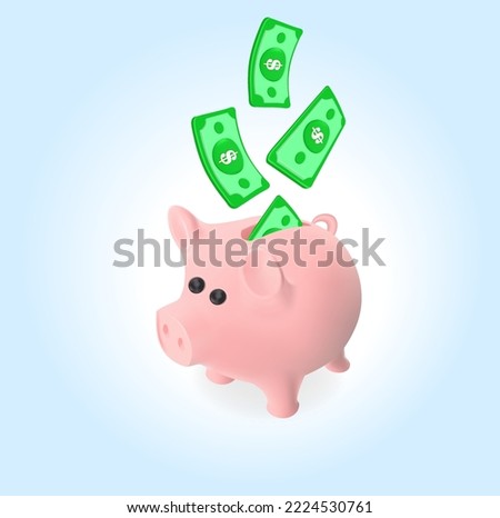 Paper dollars fill the piggy bank. Flying dollars falling into a piggy bank. Saving finances. 3d icon in high quality