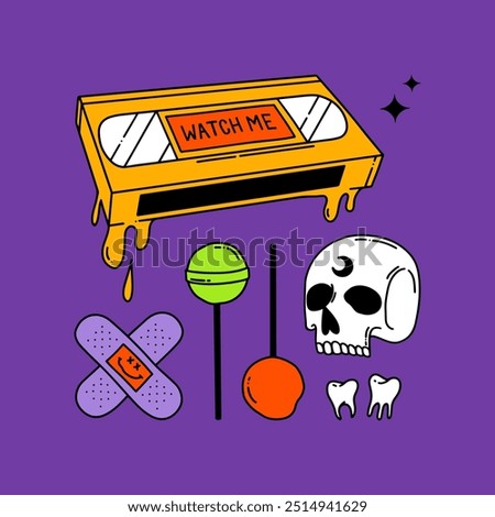 Сolor Halloween hand drawn illustration for your designs. Happy Halloween day. Scary video tape, horror movie, skull, lollipops, band-aid, patch, teeth