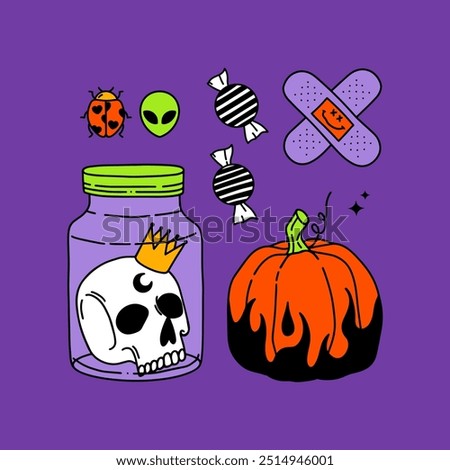 Сolor Halloween hand drawn illustration for your designs. Happy Halloween day. Band-aid, patch, skull in a jar, candy, alien, pumpkin, ladybug, y2k style