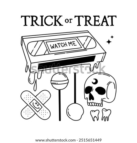 Trick or Treat vector hand drawn line illustration. Happy Halloween template for your designs. Scary video tape, horror movie, skull, lollipops, band-aid, patch, teeth