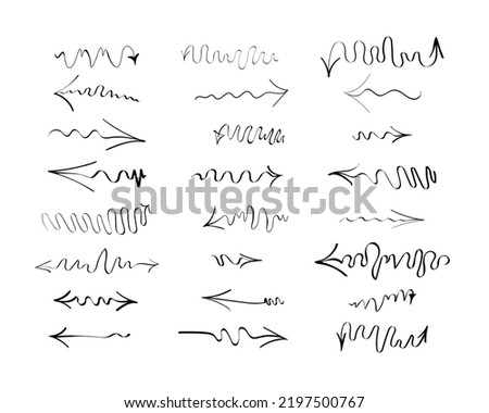 Set of various doodle arrows. Hand drawn swirling, thin, long, wavy, sketchy, twisting, curvy arrows. Isolated on white background