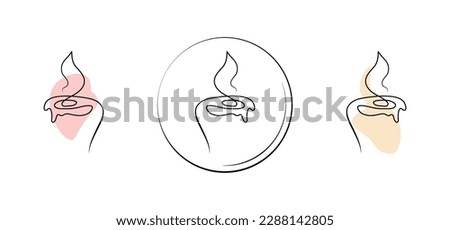 Set of minimalistic continuous line burning candle for the logo in various designs. Candle in one line art style.