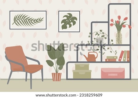 Interior design of the living room with furniture: armchair, shelves, paintings, indoor plants, watering can, fresh flowers in a glass vase, storage boxes, folders. Vector illustration. Flat style.