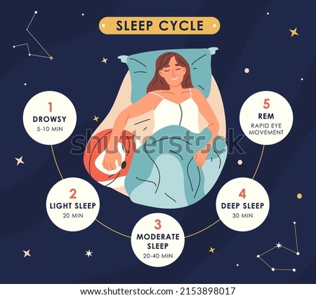 Sleep cycles infographic, nighttime resting stages, healthy sleep phases. Young woman sleep and wake stages vector concept illustration. Human sleeping and nighttime resting stages Foto stock © 