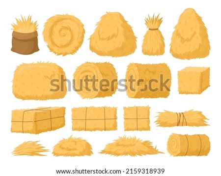 Cartoon haystack, rural hay rolled stacks and agricultural haycocks. Dried haystack, fodder straw and farm haystacks vector symbols illustrations set. Bale of hay collection