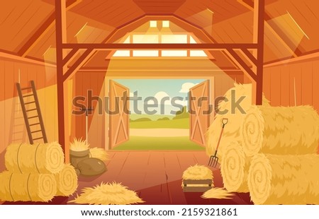 Village haystack wooden barn interior, rural dried hay shed room. Farming haymow storage, haystacks wooden village building vector background illustration. Agricultural farm barn