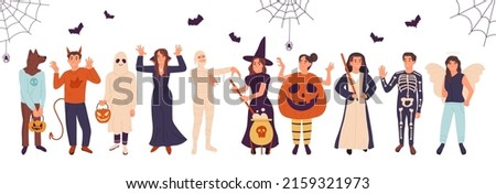 Halloween party people wearing masquerade costumes, ghost, mummy and witch characters. Autumn spooky holiday event costumes vector symbols illustration set. Cartoon masquerade characters