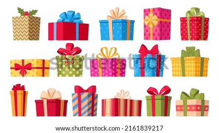 Cartoon wrapped Christmas gift boxes, xmas surprises, winter holidays presents. Holiday greeting, birthday or xmas present boxes vector symbols illustrations set. Gift boxes collection