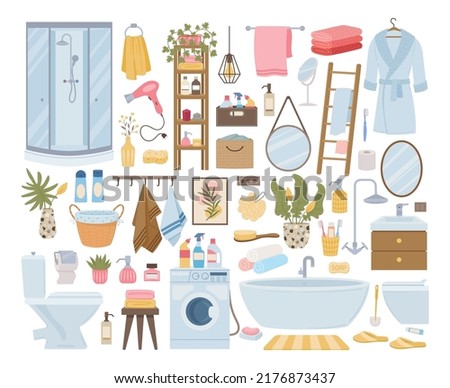 Cartoon bathroom furniture and accessories, shower, wash basin and bath textile. Bathroom interiors elements, skin care and towels vector illustrations set. Modern bathroom collection